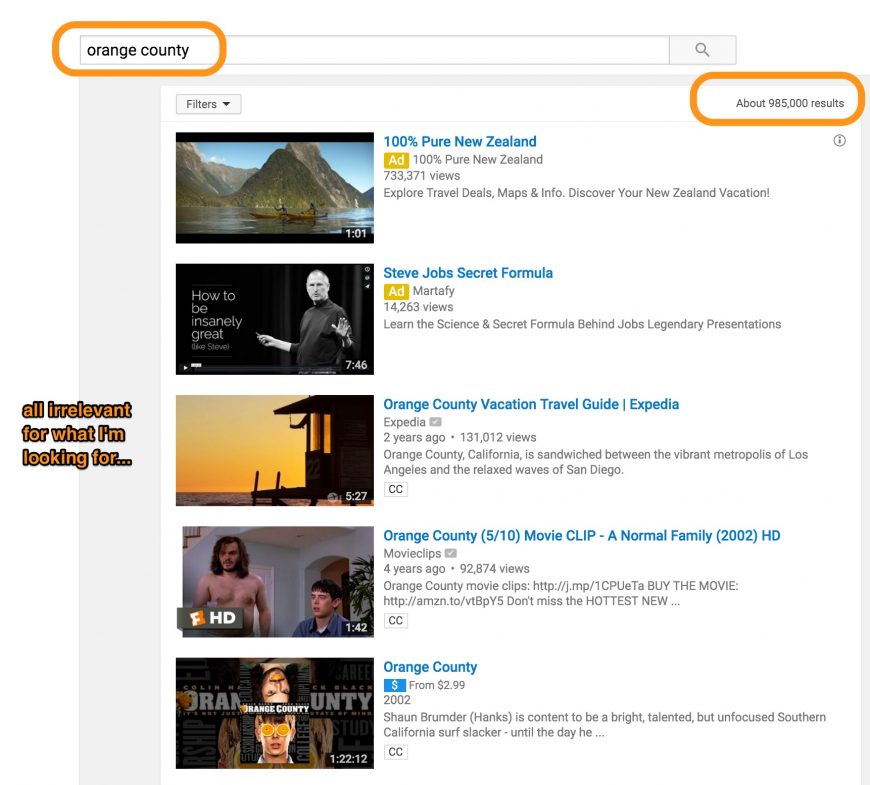 screenshot indicating a plain search and result on youtube