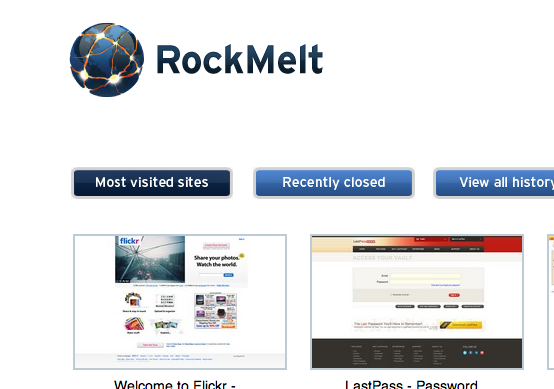 Starting page for the RockMelt Browser