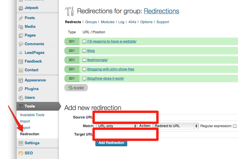 Redirection for WordPress plugin settings screen.