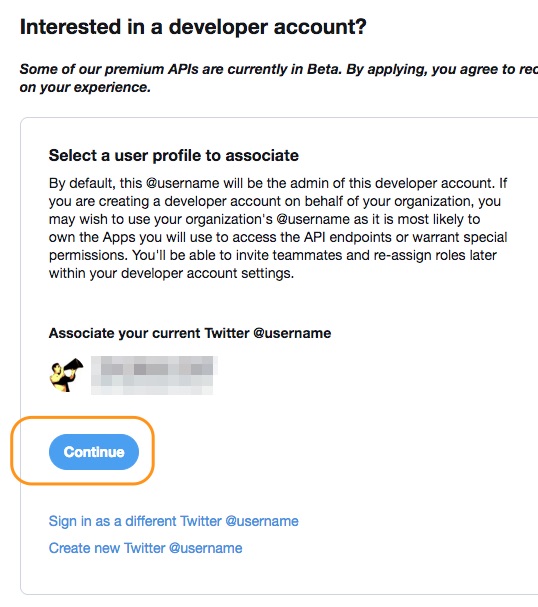 screenshot of the developer account connection screen on Twitter's developer program application