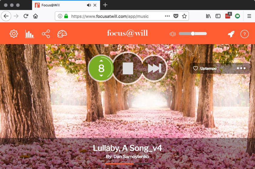 Screenshot of the focus@will app playing the uptempo channel