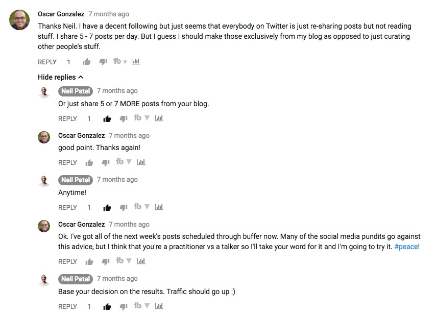 Screenshot of Neil Patel's response to my question on his Youtube video about fast Twitter growth.