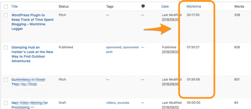 Screenshot for Post Worktime Logger plugin view in All Posts, or "column view"