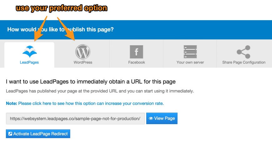 screenshot showing the wordpress vs link option