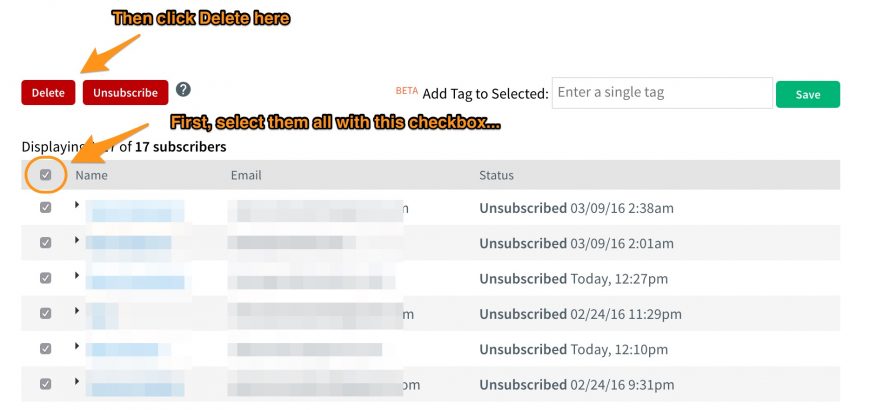screenshot showing how to select all unsubscribed status account