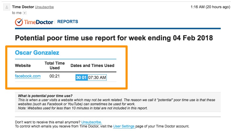 Screenshot for time doctor report of poor time use