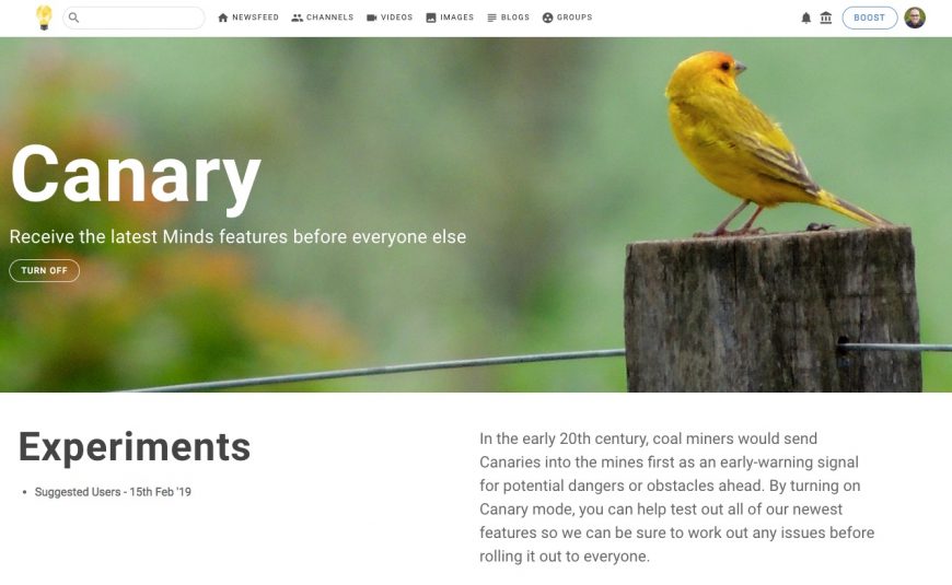 Screenshot of the Canary mode page on minds.com