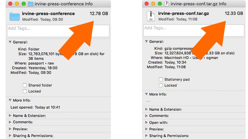 Image with 2 screenshots. One shows the original folder size, the second one shows the new file size. Two large arrows point at these figures.