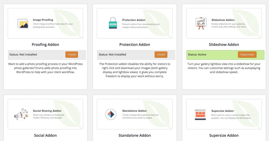 screenshot of the addons screen for Envira Gallery Pro