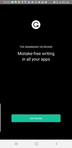 Screenshot of the Grammarly keyboard app on first launch. Shows a button: "Get Started"