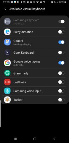 Screenshot for the Grammarly app showing the keyboards available on your device. 