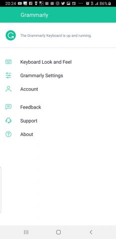 Screenshot showing the Grammarly options for the app. It shows aesthetics, app settings, account info, feedback, the about link and a support option.