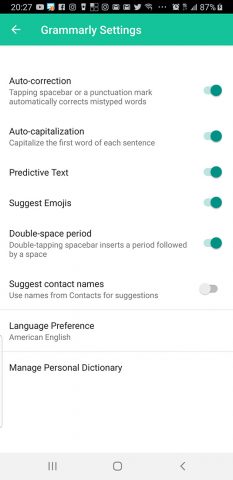 Screenshot of the Grammarly options on the app. Shows auto correct, auto capitalization, predictive text and other options.