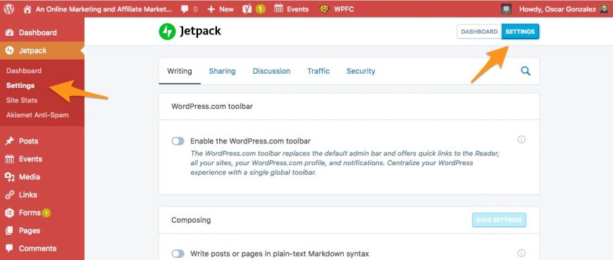 screenshot showing the two links for the settings in Jetpack