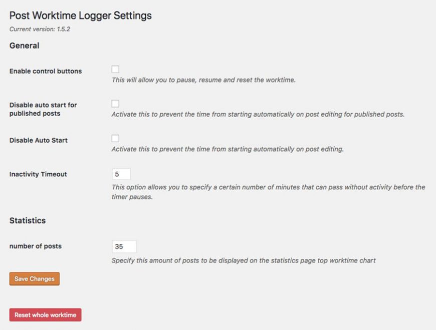 Screenshot of the settings for the WordPress plugin Post Worktime Logger