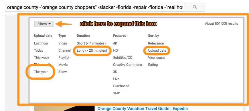 screenshot showing the filters of Youtube search