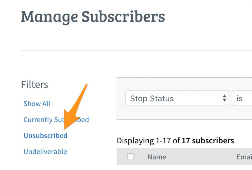 screenshot showing the Aweber filter for unsubscribes