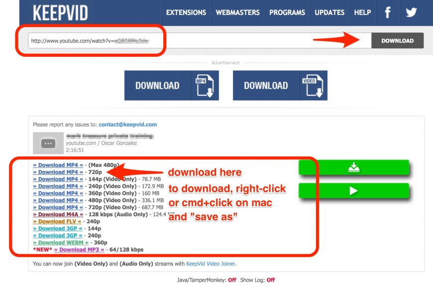 Screenshot marked up showing where to place the URL and where the link is to download the video