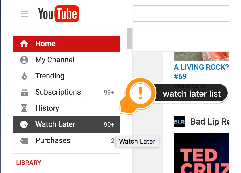 screenshot showing where to find the Watch Later list